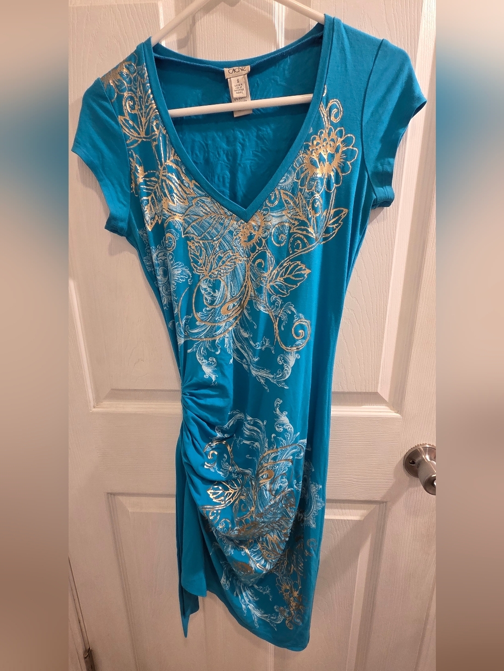 Cache Teal V-Neck Midi Dress with Gold Floral Print